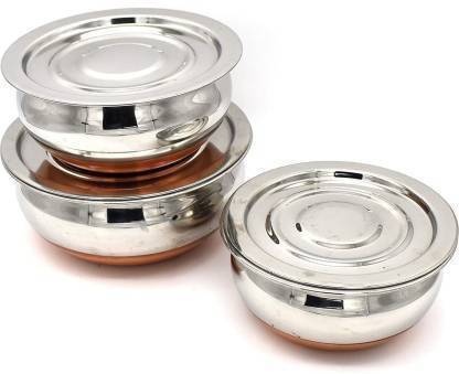 MAA CAPITAL Copper Bottom Handi 3 Pcs Set With Lid Cookware Set (Stainless Steel, 3 - Piece) Handi 0.8 L, 1.4 L, 1.8 L with Lid