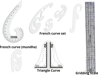 KHYATI Designing French Curves- Set of 9 curves-1 pc of French curve 6 shape with marking (36 cm) and 4 pcs of accurate French curve with inking edges (without marking), 1 pc of French curve (mundha) and 2 pcs of triangle curve and 1 pc of Gridding scale (45 cm)- Tailoring scales/ tailoring material Ruler