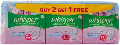 Whisper Ultra Soft Air Fresh Sanitary Pads -XL+, 15+15+15 (45) Counts (Buy 2 get 1 Free) Sanitary Pad