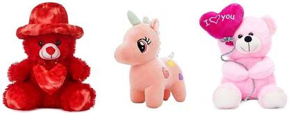 eston Combo of 3 cute and soft Red Cap Teddy , Pink Unicorn, and pink balloon teddy - 30 cm (Red , Combo of 3 cute and soft mother elephant, rabbit and pink balloon teddy - 30 cm (Pink , Red , Pink )  - 30 cm