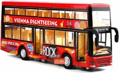 Khilona Wala Cast Double Decker 4 Wheel Drive Metal Bus Car Pull Back with 3 Openable Doors and Light,