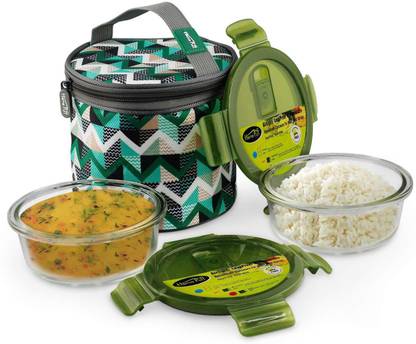 Home Puff Borosilicate Glass, Microwavable, AirVent Lid with Premium Carry Bag 2 Containers Lunch Box