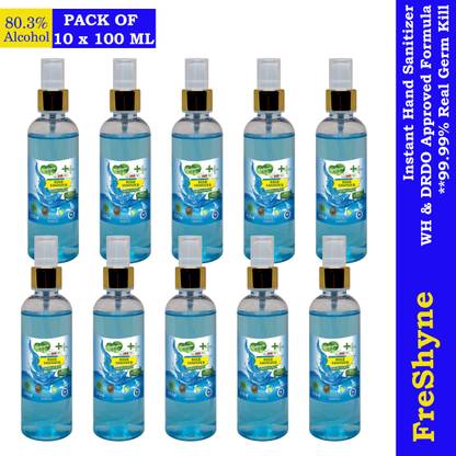 FRESHYNE Instant Combo | 80.3% Alcohol | WHO, DRDO Formula Sanitizer Spray (10 x 100 ml) Hand Sanitizer Bottle
