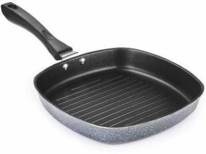 LOOT-LEY Non Stick Aluminium Grill Pan Square Gas Stove Compatible Grill Pan Grill Pan 22 cm diameter with Lid 0.5 L capacity