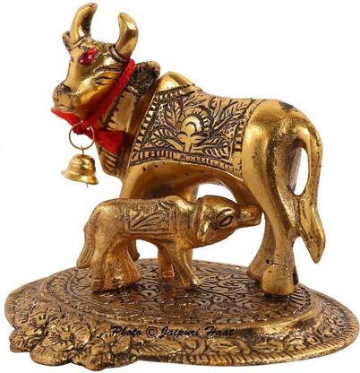 TGB Kamdhenu Oxidised Gold Finished Brass Like Cow and Calf Figurine Decorative Gift Item (Colour Gold) Decorative Showpiece  -  14 cm