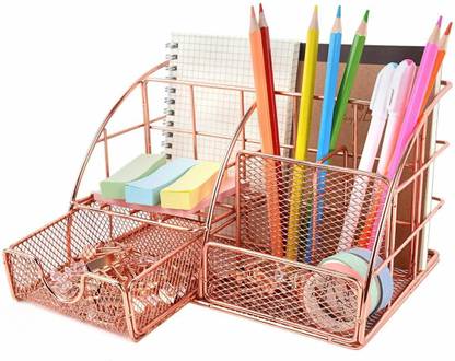 Sewhom 4 Compartments Metal Rose Gold Desk Organizer For table,office table,tray,drawer storage stationary