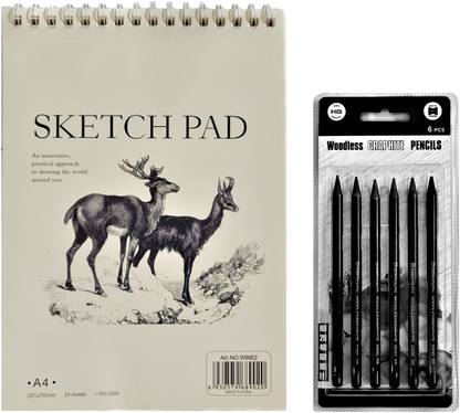 Definite Woodless Graphite Drawing Charcoal Pencils - HB, 2B, 4B, 6B, 8B and EE (Pack of 6) Ideal for Sketching, Drawing, Shading for Students, Beginners, Hobbyists, Professionals and A4 Size Spiral Sketch Pad 160 GSM (24 Sheets)