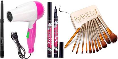 क्रिन Smudge Proof Essential Makeup HD5 Beauty Kajal & Rosedale 2 Speed Foldable Saloon Hair Dryer & Yanqina 36H Deep Black Liquid Eyeliner & Naked 3 Set of 12 Makeup Brush