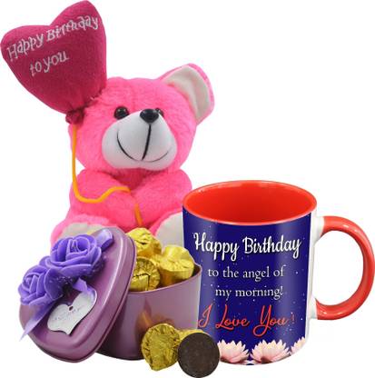 Midiron Beautiful Birthday Gifts Pack, 15 Dark Chocolate Bar With Printed Ceramic Mug and Happy Birthday Quoted Teddy, Birthday Gifts For Your Love One's IZ19Choco15Tinbox4PurMUrTHB-DTBirthday-02 Ceramic, Silk Gift Box