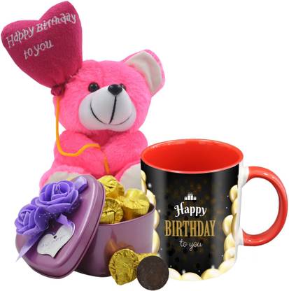 Midiron Birthday Gift For Your Love One's That Comes With 15 Pieces Luxury Dark Chocolate in Tin Box, Printed Ceramic Mug and Happy Birthday Quoted Teddy IZ19Choco15Tinbox4PurMUrTHB-DTBirthday-100 Ceramic, Silk Gift Box