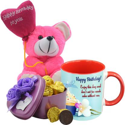 Midiron Lovely Birthday Gifts, 15 Dark Chocolate Bar in Tin Box with Printed Ceramic Mug and Happy Birthday Quoted Teddy, Birthday Gifts for Your Special One's IZ19Choco15Tinbox4PurMUrTHB-DTBirthday-40 Ceramic, Silk Gift Box