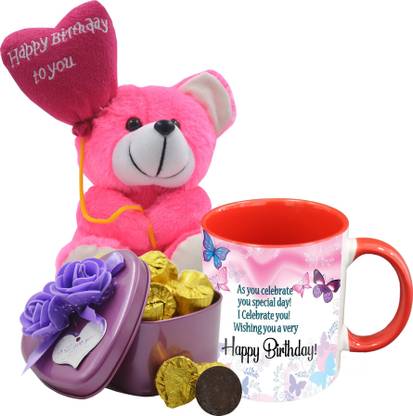 Midiron Lovely Birthday Gifts, 15 Dark Chocolate Bar in Tin Box with Printed Ceramic Mug and Happy Birthday Quoted Teddy, Birthday Gifts for Your Special One's IZ19Choco15Tinbox4PurMUrTHB-DTBirthday-26 Ceramic, Silk Gift Box