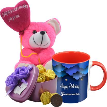 Midiron Birthday Special Gifts, Dark Chocolate With Printed Ceramic Mug and Happy Birthday Quoted Teddy For Your Special One's IZ19Choco15Tinbox4PurMUrTHB-DTBirthday-75 Ceramic, Silk Gift Box