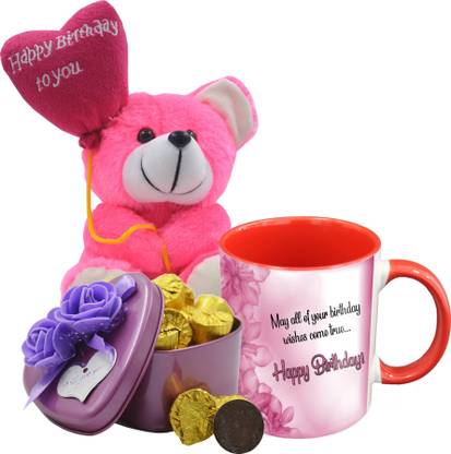 Midiron Lovely Birthday Gifts, 15 Dark Chocolate Bar in Tin Box with Printed Ceramic Mug and Happy Birthday Quoted Teddy, Birthday Gifts for Your Special One's IZ19Choco15Tinbox4PurMUrTHB-DTBirthday-30 Ceramic, Silk Gift Box