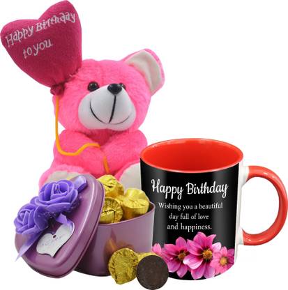 Midiron Beautiful Birthday Gifts Pack, 15 Dark Chocolate Bar With Printed Ceramic Mug and Happy Birthday Quoted Teddy, Birthday Gifts For Your Love One's IZ19Choco15Tinbox4PurMUrTHB-DTBirthday-04 Ceramic, Silk Gift Box