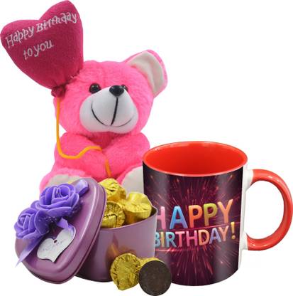 Midiron Lovely Birthday Gifts, 15 Dark Chocolate Bar in Tin Box with Printed Ceramic Mug and Happy Birthday Quoted Teddy, Birthday Gifts for Your Special One's IZ19Choco15Tinbox4PurMUrTHB-DTBirthday-28 Ceramic, Silk Gift Box