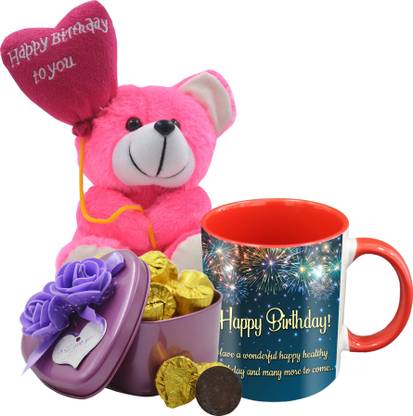 Midiron Lovely Birthday Gifts, 15 Dark Chocolate Bar in Tin Box with Printed Ceramic Mug and Happy Birthday Quoted Teddy, Birthday Gifts for Your Special One's IZ19Choco15Tinbox4PurMUrTHB-DTBirthday-34 Ceramic, Silk Gift Box