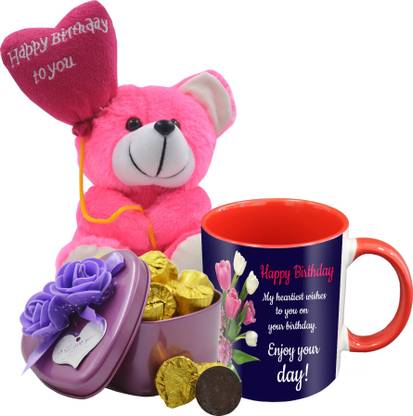 Midiron Beautiful Birthday Gifts Pack, 15 Dark Chocolate Bar With Printed Ceramic Mug and Happy Birthday Quoted Teddy, Birthday Gifts For Your Love One's IZ19Choco15Tinbox4PurMUrTHB-DTBirthday-08 Ceramic, Silk Gift Box