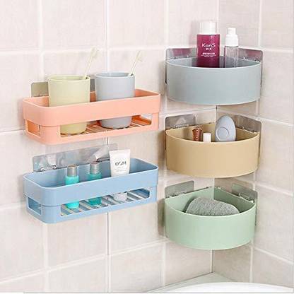 WAKTORO 2 Bathroom Shelves + 3 Corner Triangle Shelves Plastic Wall Shelf