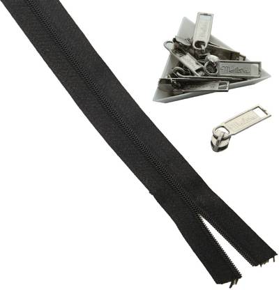 AUMNI CRAFTS Black Nylon Sewing Zippers (2 Meters) Size 1.38 Inch / 35 MM With 10 Pieces Steel Zip Pulls Runners For Making Bags Accessories Black Nylon Open-ended Zipper