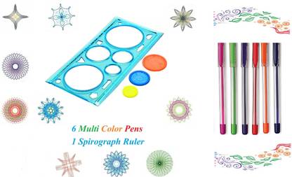 DKNBS 1 Pcs Spirograph Geometric Ruler Drafting Tools and 6 Multicolor Pens Bright ink colors Ideal for projects, assignments, notes, gifting, Drawing Set Learning Art Sets Creative Gift For Children Stencil with Creative Patterns Easy to Draw Spirograph Kit