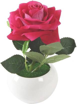 LADDU GOPAL Laddu Gopal Artificial Velvet Rose in a Plastic Vase (15 cm x 12 cm x 20 cm, D.pink) Pink Rose Artificial Flower  with Pot