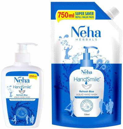 Neha Herbals Blue 250ml Bottle & 750ml Refill Handwash (Pack of 2) Hand Wash Pump + Refill