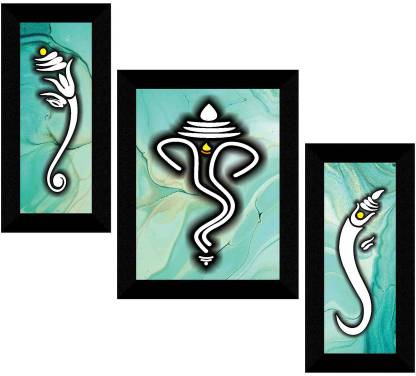 Set of 3 Modern Art Lord Ganesha Greenery Beautiful UV Coated Home Decorative Wall Painting With Frame Fine Art Print