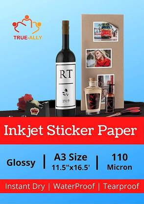 True-Ally A3 Size Glossy Self Adhesive Vinyl Sticker Photo Paper for Inkjet Printer (White) Waterproof, Dries Quickly, Tear Resistant DIY Sticker Printing Art Unruled A3 110 gsm Transparent Paper