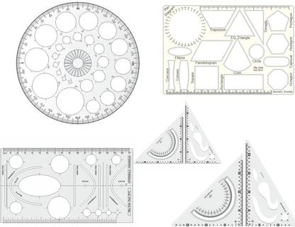 Upyukat Pro Circle (25 Circles), Hyperbola Parabola Template, Geometry Template (16 Shapes), Set Square Big & Small Drafting Scale Ruler Useful to Architect, Engineering or Other Students (Set of 5) Ruler