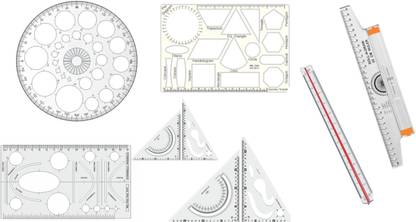 Upyukat Pro Circle (25 Circles), Hyperbola Parabola & Geometry Template (16 shapes), Set Square Big & Small, Roll N Draw Ruler, Triangle Ruler Drafting Scale Ruler -Architect or Other Students (Set of 7) Ruler