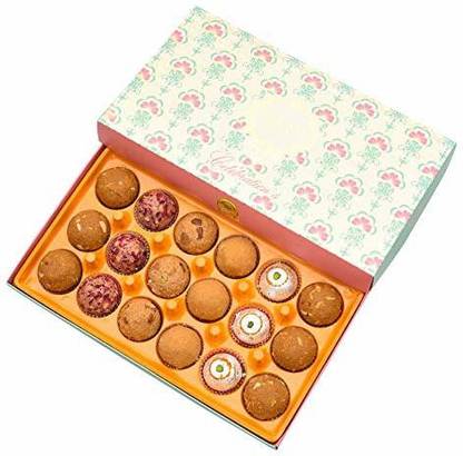 laxmi misthan bhandar Assorted Jaipuri Laddu (18 Pc) Box : Besan Laddu ; Moong Laddu ; Shahi Dryfruit Laddu ; Rose Almond Laddu ; Sugar Free Gond Badam Laddu Box