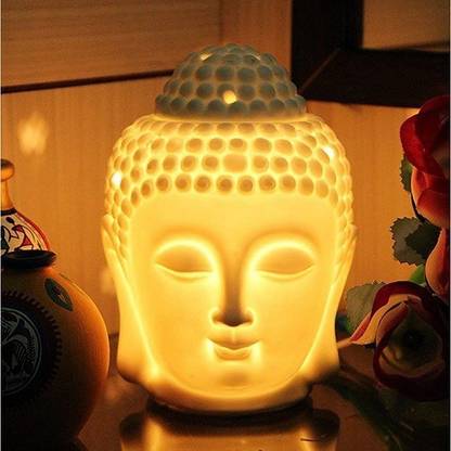 amblic Electric Buddha Lamp Diffuser for Home Essential Aromatheraphy Oil Burner with Dimmer Switch to Control Frangrance & Light, White Ceramic Buddha Head Shape Night Lamp