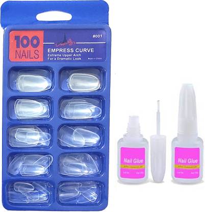 LikeUp Professional Quality Gorgeous 100pcs Reuseable Transparent Artificial Nail Tips Best False Nails with 10ml Strong Nail Glue Transparent Clear
