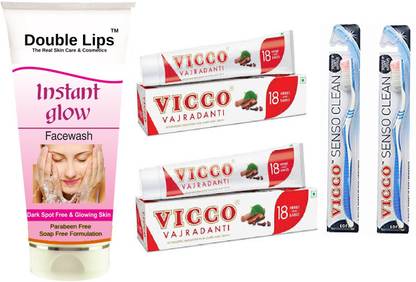 VICCO TOOTH PASTE 100G 2 (PACK OF 2) Toothpaste + Senso Tuth Brush Soft Toothbrush (Pack of 2) +Instant Glow Face Care Face Wash (100ml)