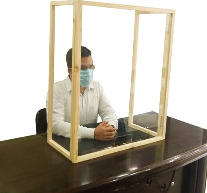 DORMAK Protective Sneeze Guard for Counter and Desk | Freestanding | Wooden frame with Acryclic Sheet | Pass Through Transaction Window | Useful For Showrooms. Offices. Cash Counters. Medical Shops. Doctor Clinic. Banks. Guard Rooms. Desk Sneeze Guard