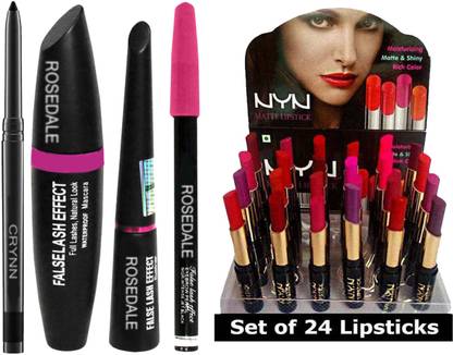 Crynn Smudge Proof Essential Makeup HD9 Beauty Kajal & 3in1 Eyeliner , Mascara , Eyebrow Pencil & 24 Moisturising Matte Lipstick