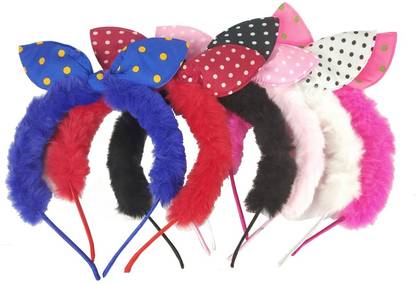 Stylewell (Set Of 6 Pcs) Multicolor Solid Plush Fluffy Warm Soft Faux Fur Pattern With Cute Rabbit Ears Cloth Flexible Elastic Hair Band/Head Band For Women's And Girl's Hair Band