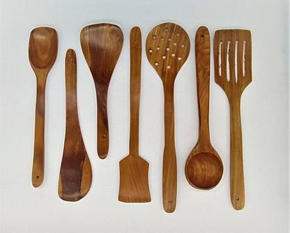 manzees Handmade Wooden Serving and Cooking Spoon Kitchen Utensil - Set of 7, Pure Sheesham Cookin Utensils, Non Stick Kitchen Tool Set