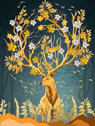 DWELLSINDIA Unframed Swamp Deer (12 Singha) Canvas Art Print for Home & Office (24 X 32 Inch, Multicolor) Canvas 32 inch x 24 inch Painting