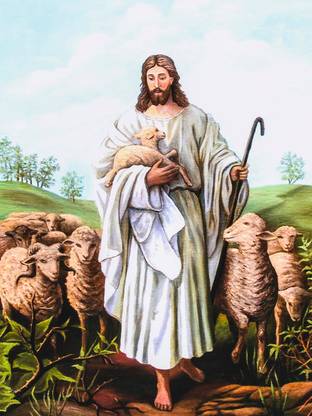 DWELLSINDIA Unframed Jesus Christ with Sheep Canvas Art Print for Home & Office Canvas 20 inch x 15 inch Painting