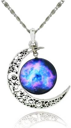 PEORA Purple Glass Galaxy & Crescent Cosmic Moon Pendant with Chain 18" Alloy Pendant