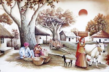 village painting scenery Tusker Print Fine Art Print