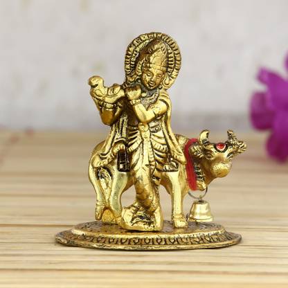 eCraftIndia Lord Krishna playing Flute with Golden Cow Decorative Showpiece  -  9 cm