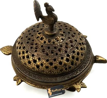 HanDecor by Two Moustaches brass Peacock Incense Burner On a 3 Legged Tortoise Stand Decorative Showpiece  -  15 cm