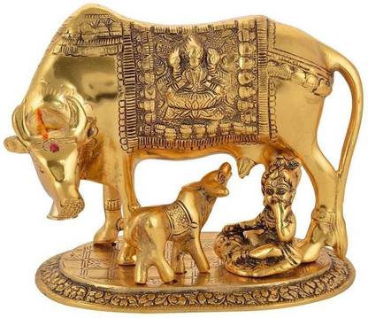 Decor and Art White Metal Kamdhenu Cow with Calf & Krishna, Pooja Article. (20 x 14 x 18 cm, Golden) Decorative Showpiece  -  16 cm