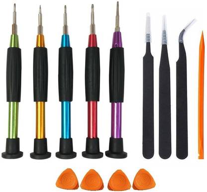 wroughton 5 Metal Precision Screwdriver Set for Mobile Repairing With 4 Mobile Opener, 1 Fiber Plastic Stick Spudger and Set of 3 ESD Non-Magnetic Tweezers- Straight, Flat & Curved Precision Screwdriver Set
