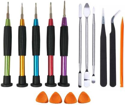 wroughton 5 Metal Precision Screwdriver Set for Mobile Repairing With 4 Mobile Opener, 1 Fiber Plastic Stick Spudger, 3 Metal Openers and Set of 2 ESD Non-Magnetic Tweezers- Straight & Curved Precision Screwdriver Set