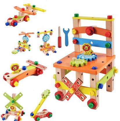 PEZYOX assembling disassembling wooden multi functional activity chair with nut and screw driver toys for kids, educational & learning toy for children.. (Multicolor)