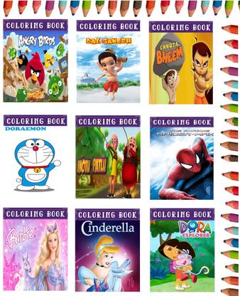 Cartoon Characters Colouring Books for Kids (Pack of 9) : Children Colouring Picture Book (Age 1 - 6 Years Old) - Doraemon, Ben 10, Motu Patlu, Dora, Spider Man, Tom & Jerry, Chhota Bheem, Barbie, Mickey Mouse, Bal Ganesh, Angry Birds